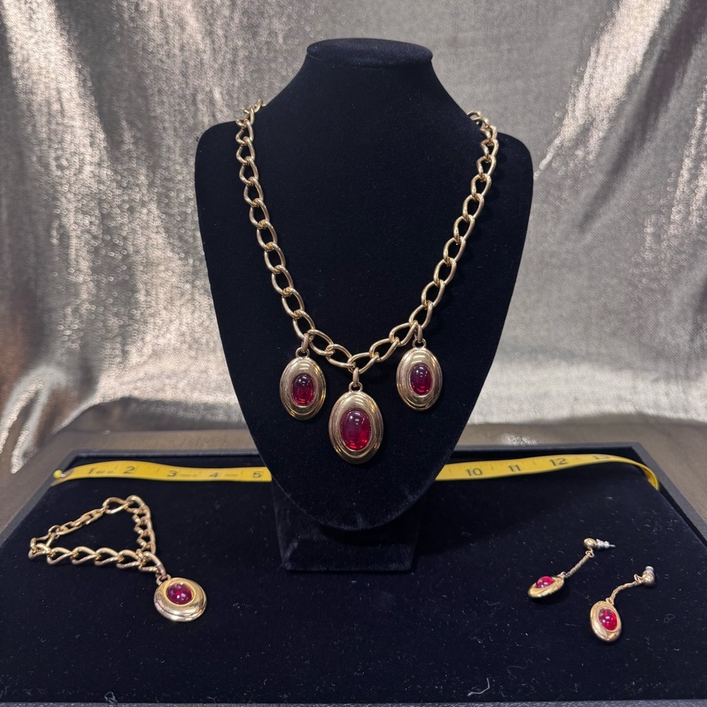 1980s /1990s Napier Gold-Tone Necklace + Bracelet + Earrings | Red Cabochon